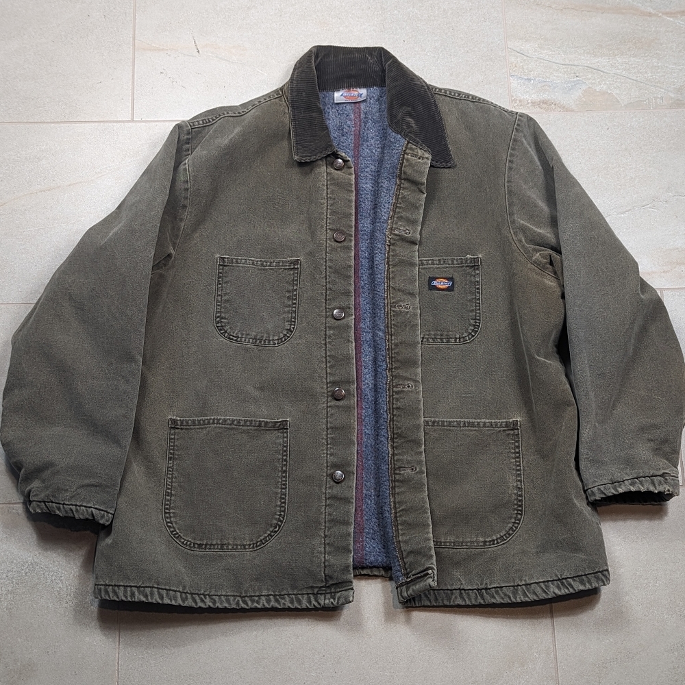 Vintage 90s Dickies Blanket Lined Denim Chore Barn Jacket Army Green XXL Faded